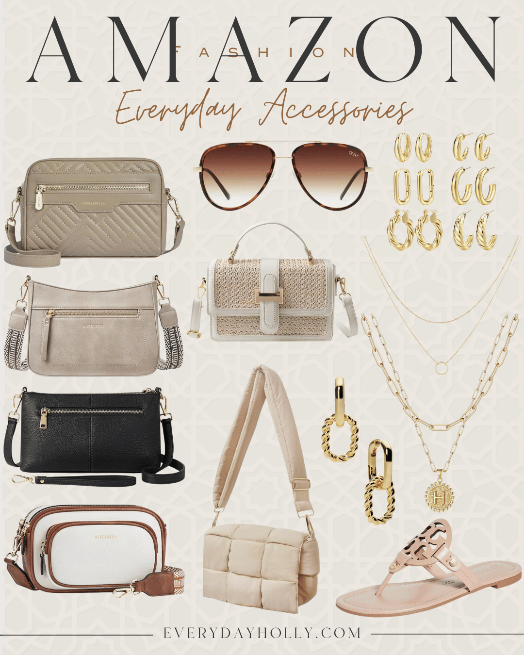 summer wardrobe essentials affordable everyday and casual outfit ideas | summer, summer outfit, everyday outfit, casual outfit, amazon, accessories, summer style, fashion, crossbody bag, purse, sunglasses, gold jewelry