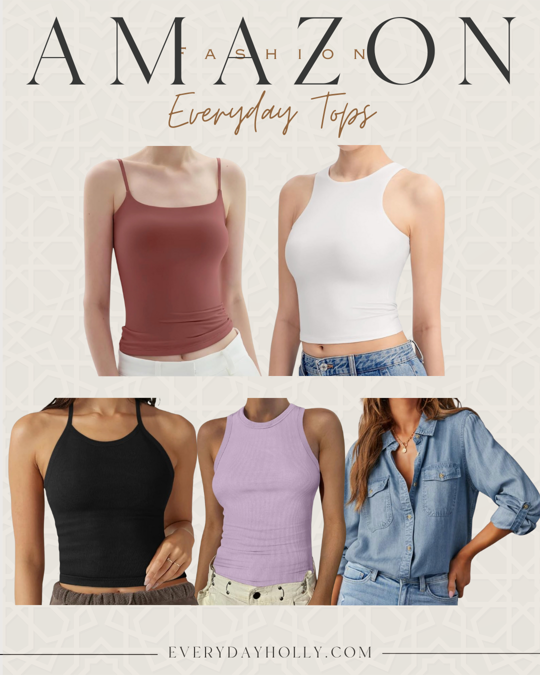summer wardrobe essentials affordable everyday and casual outfit ideas | summer, summer outfit, everyday outfit, casual outfit, amazon, everyday top, tank top, bra tank top, denim shirt, chambray shirt