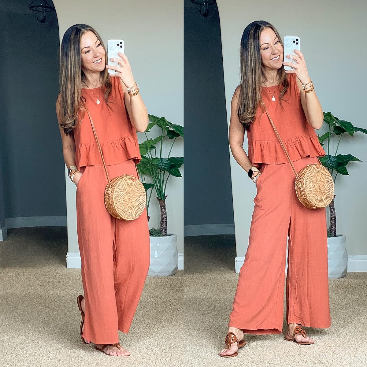 summer wardrobe essentials affordable everyday and casual outfit ideas | summer, summer outfit, everyday outfit, casual outfit, amazon, matching set, lake day outfit, resort wear, vacation outfit, rattan purse, sandals