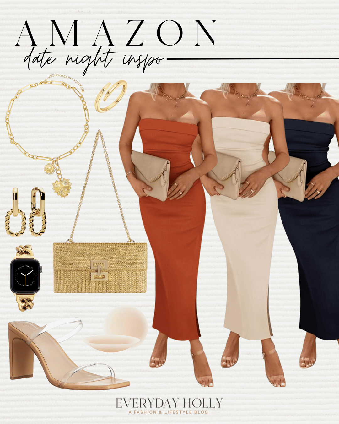 july style recap shop teacher outfits, summer styles and more | july, style recap, outfit recap, summer fashion, trending fashion, strapless dress, heels, gold jewelry