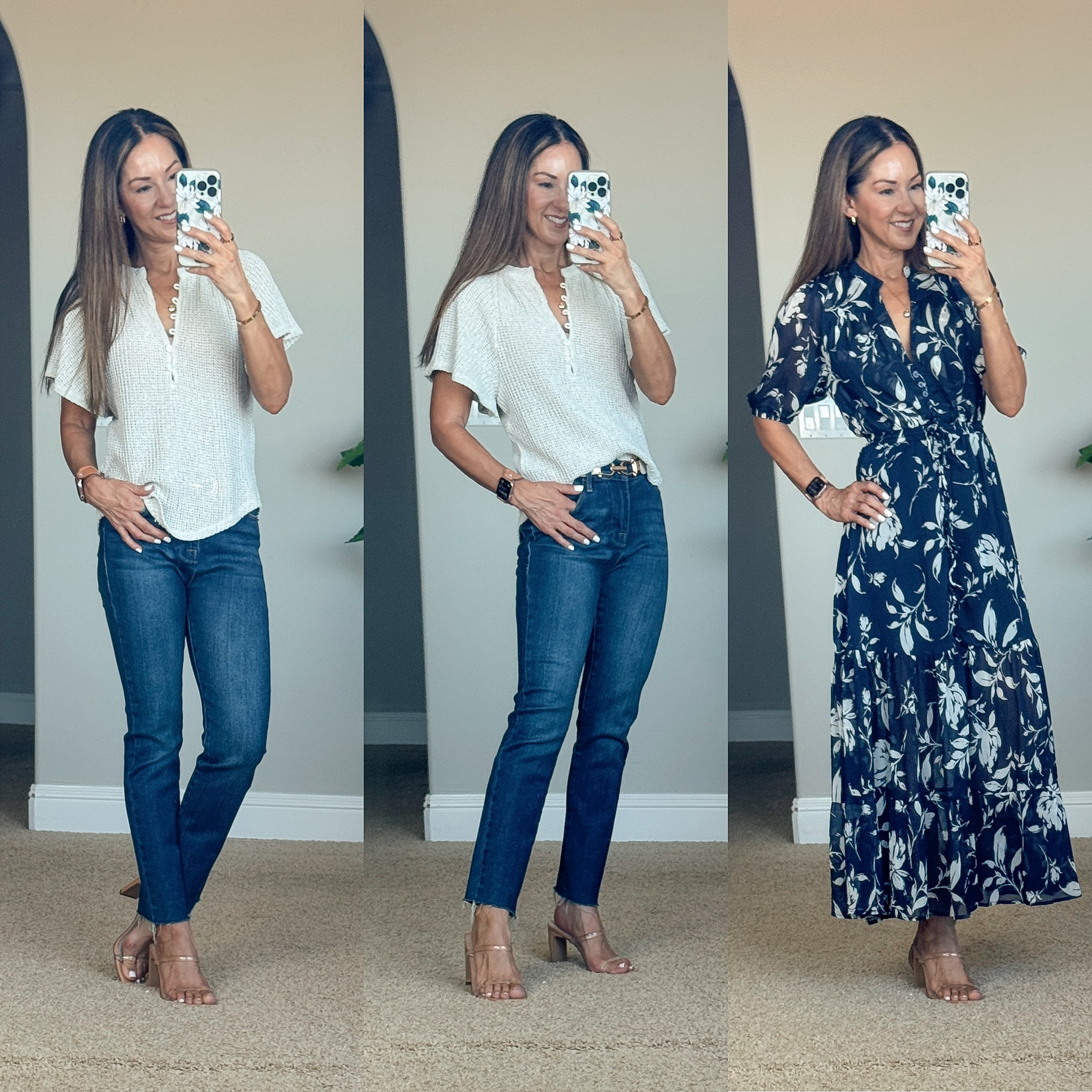 july style recap shop teacher outfits, summer styles and more | july, style recap, outfit recap, summer fashion, trending fashion, gibsonlook, jeans, denim, knitted top, floral dress, midi dress, accessories