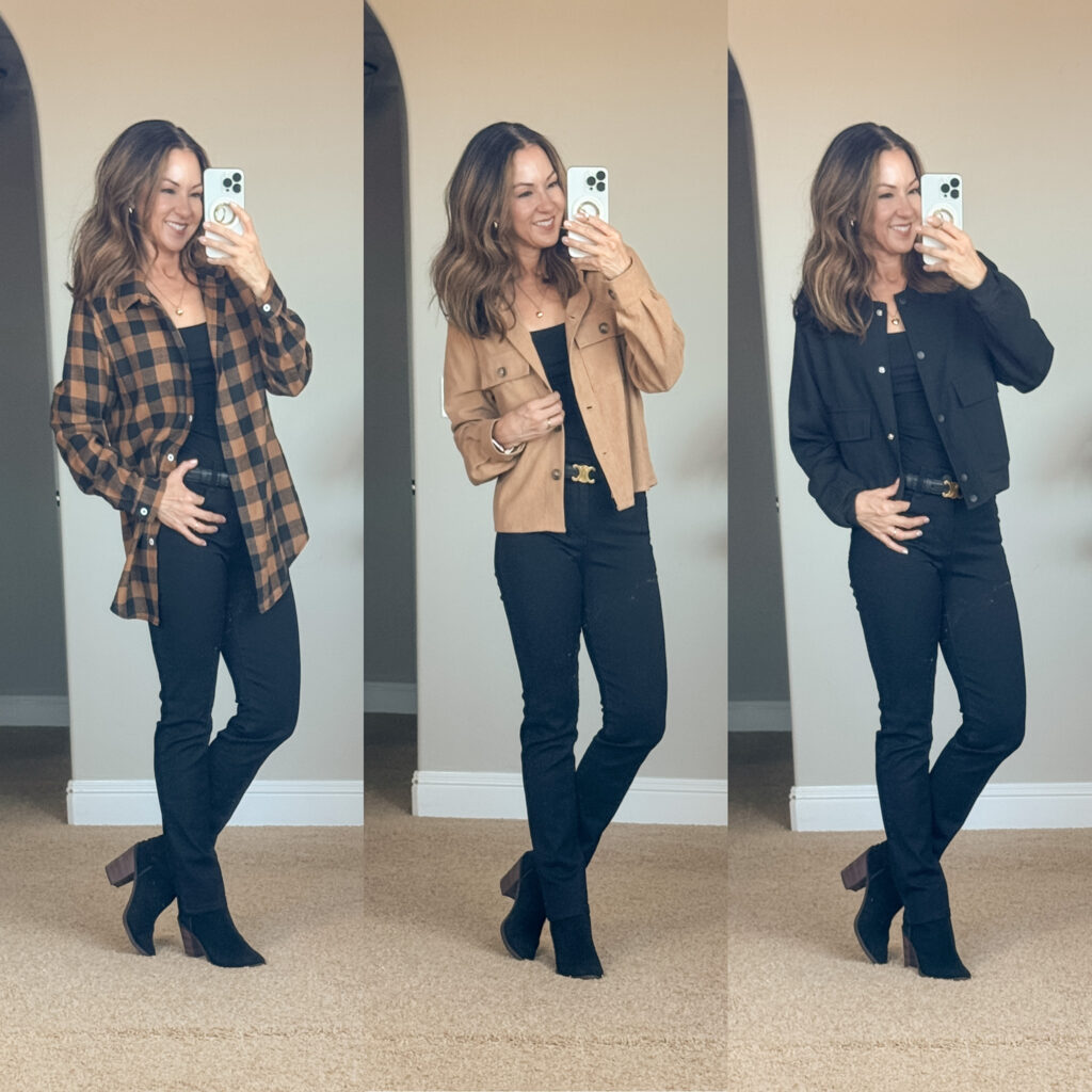 From Summer to Fall: August Outfit Trends You’ll Love | fall outfit inspo, plaid shirt, black jeans, denim, fall booties