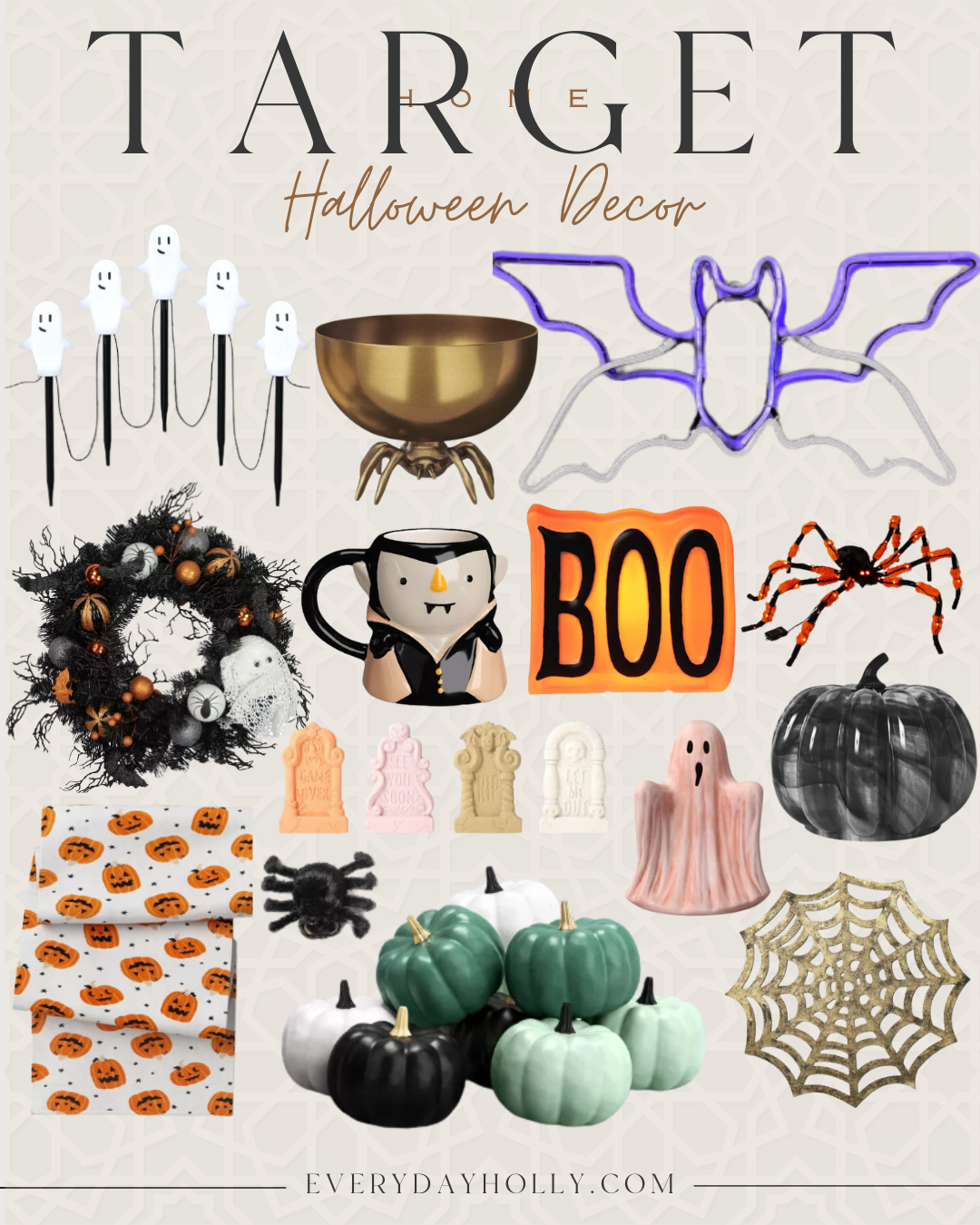 50+ Stylish Decor and Fashion Inspiration You Need This Halloween, lights, neon sign, wreath, coffee mug, halloween, fashion