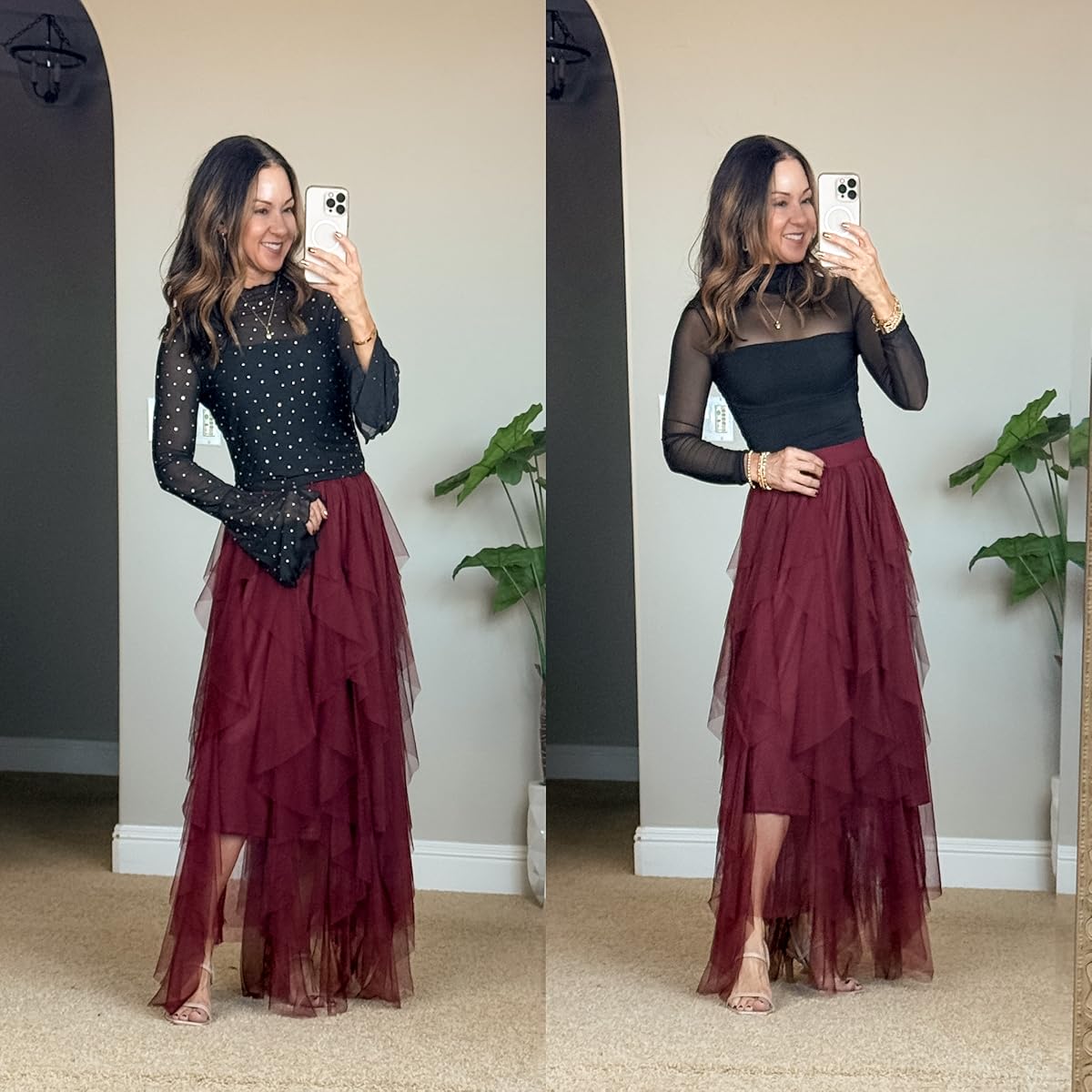 27+ Ways You'll Dress to Impress This Holiday Season | Wedding guest, fall wedding guest dress, holiday, holiday party, holiday looks, mesh top, sparkle top, ruffled skirt, heels, accessories