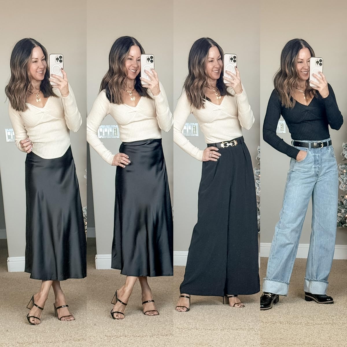 december style recap 51+ stunning winter outfits you can't miss | winter outfit, winter style, winter outfit inspo, fashion blogger, trending fashion, winter layers, satin skirt, denim outfit, wide leg trousers, sweater, neutral fashion, workwear style