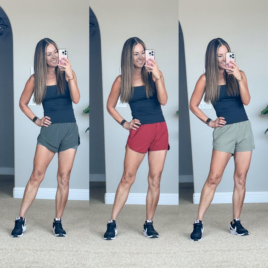 My Top 24 Fashion Favorites of 2024 | workout outfit, workout shorts, running shorts, sneakers, black tank top, outfit inspo, outfit ideas, athleisure