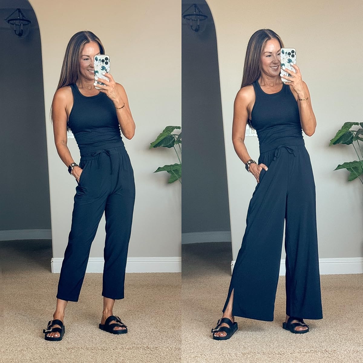 My Top 24 Fashion Favorites of 2024 | athleisure, capris, black flowy pants, black capris, petite pants, sandals, black tank top, outfit inspo, summer outfit, spring outfit,travel outfit