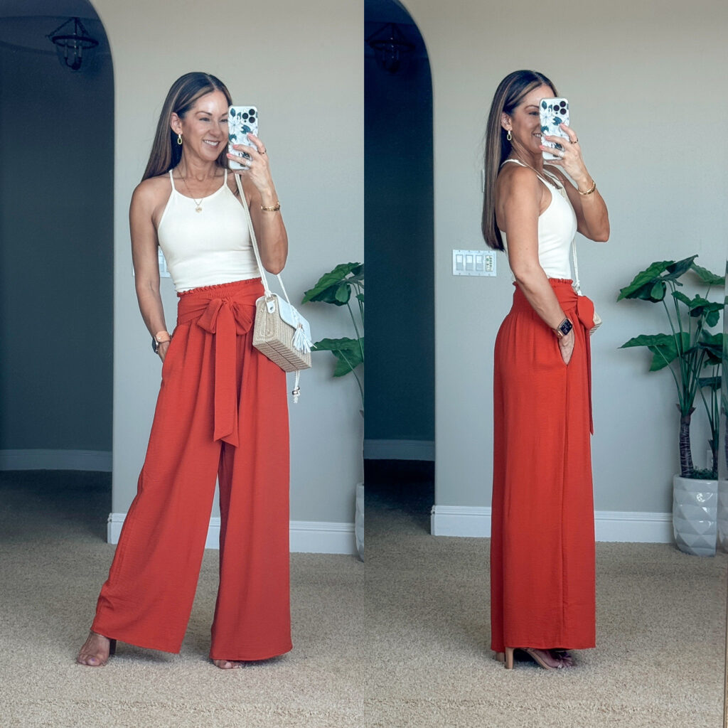 My Top 24 Fashion Favorites of 2024 | outfit inspo, outfit ideas, vacation outfit, resort wear, flowy pants, bow tie pants, palazzo pants, straw hat, necklaces, earrings, white top, tank top