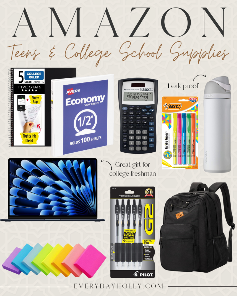 Back to school supplies for teens and college students from Amazon featuring notebooks, binders, TI-30XIIS calculator, highlighters, leak-proof water bottle, sticky notes, gel pens, backpack, and MacBook laptop – ideal for high school and college prep