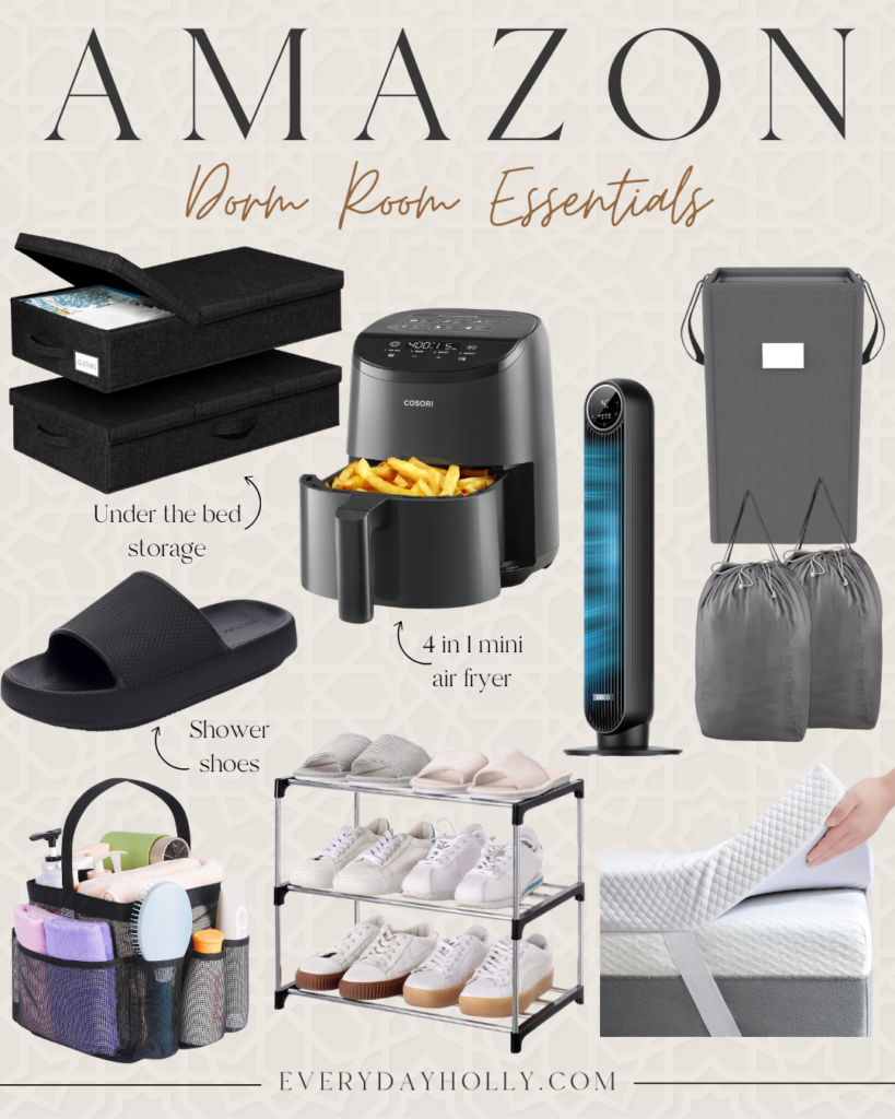 Amazon dorm room essentials including under-bed storage bins, 4-in-1 mini air fryer, tower fan, laundry hamper, shower shoes, toiletry caddy, shoe rack, and memory foam mattress topper – perfect for college students