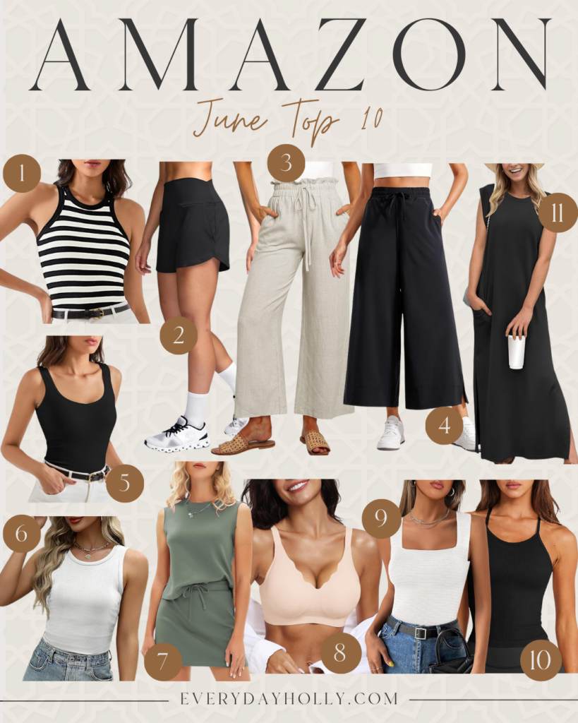 june top 10, top ten, summer fashion, beauty finds, wellness finds, amazon athletic, lululemon, athleta linens, maxi skirt, travel finds, built in bra