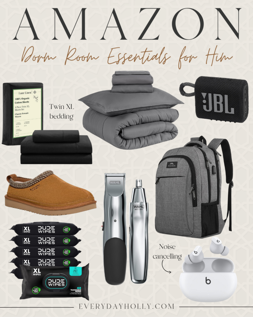 Amazon dorm room must-haves for college guys including black Twin XL bedding, noise-canceling earbuds, JBL portable speaker, gray backpack, slippers, personal grooming kit, Dude Wipes, and more – essential back-to-school gear for male students