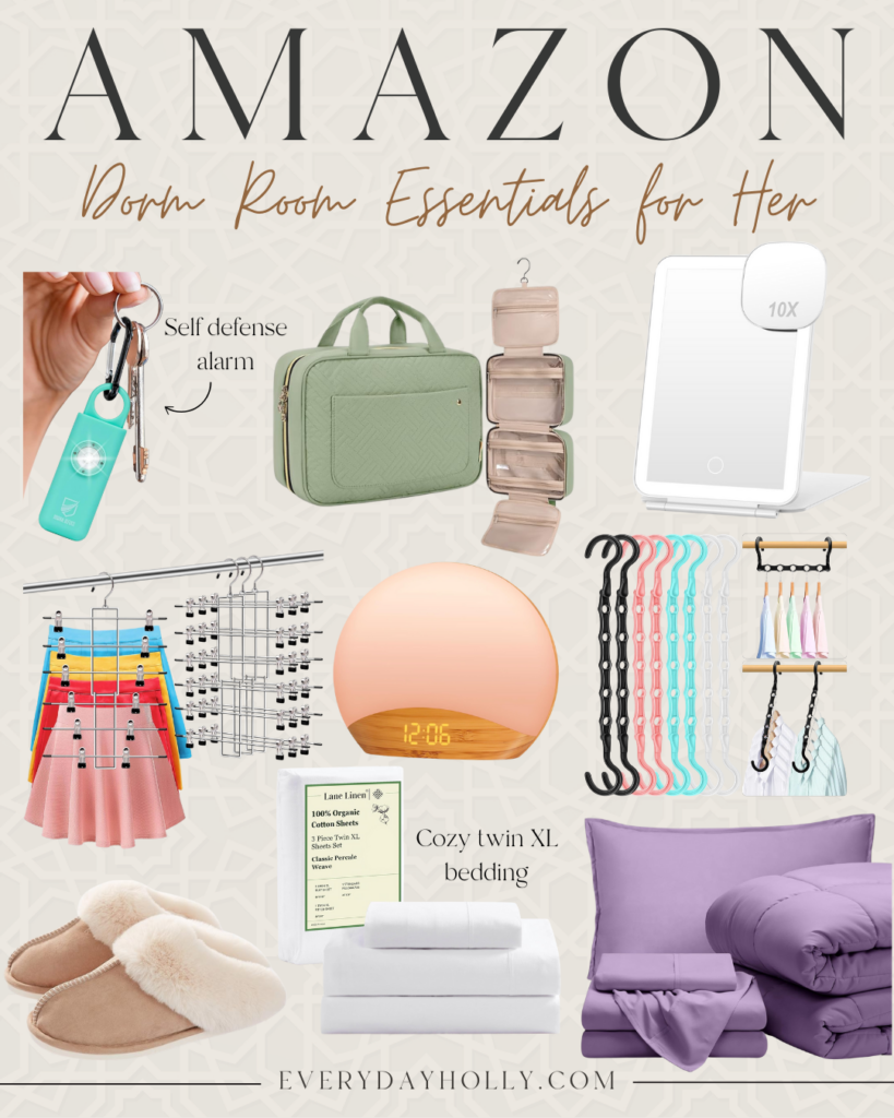 Amazon dorm room essentials for college girls including a self-defense keychain alarm, toiletry organizer, vanity mirror with magnification, pastel hangers, sunrise alarm clock, cozy Twin XL bedding, fleece slippers, and compact storage hangers – perfect for back-to-school shopping.