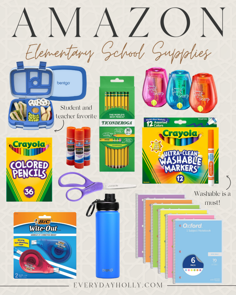 Amazon school supplies for elementary students including Bentgo lunch box, Crayola colored pencils, Ticonderoga pencils, glue sticks, Twist ‘n Sharp pencil sharpeners, washable markers, notebooks, water bottle, Wite-Out tape, and kid-safe scissors – classroom and teacher favorites