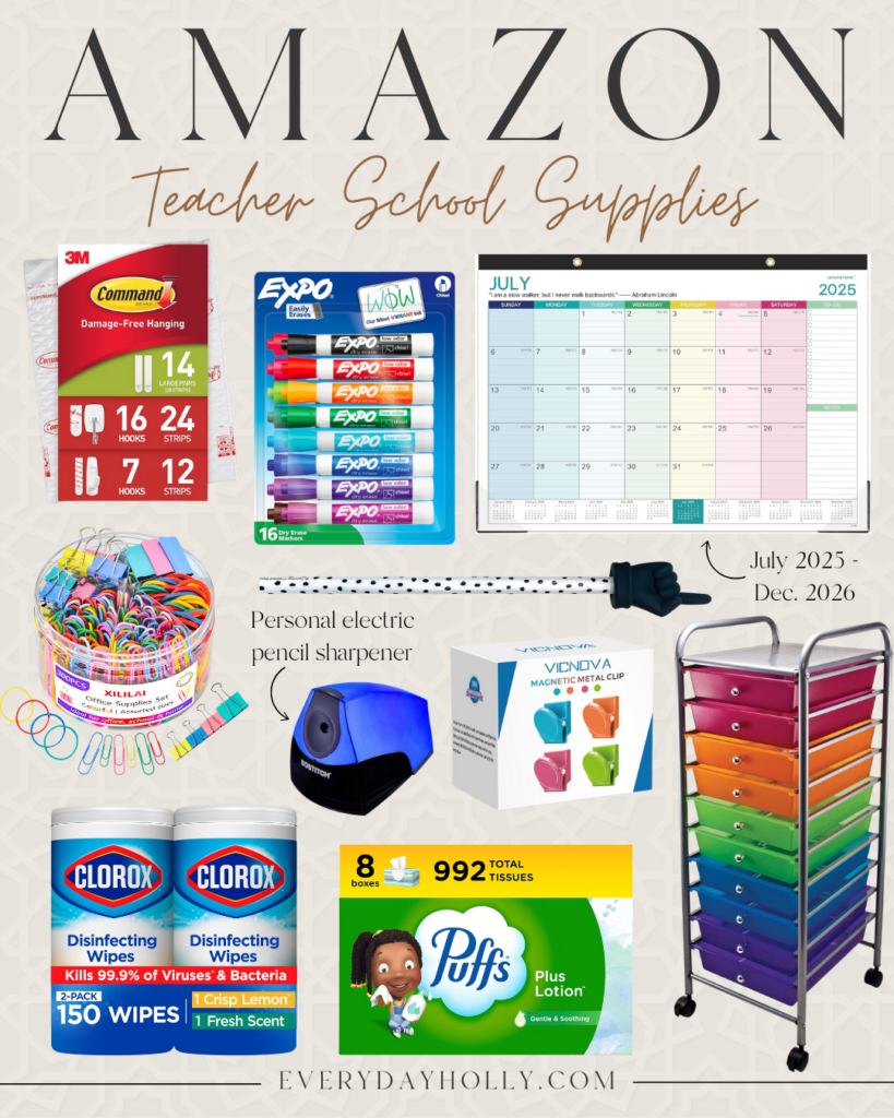 Amazon teacher back-to-school supplies featuring dry erase markers, command hooks, desk calendar, paperclips, disinfecting wipes, facial tissues, pencil sharpener, magnetic clips, and colorful 10-drawer storage cart – ideal for classroom organization and planning.