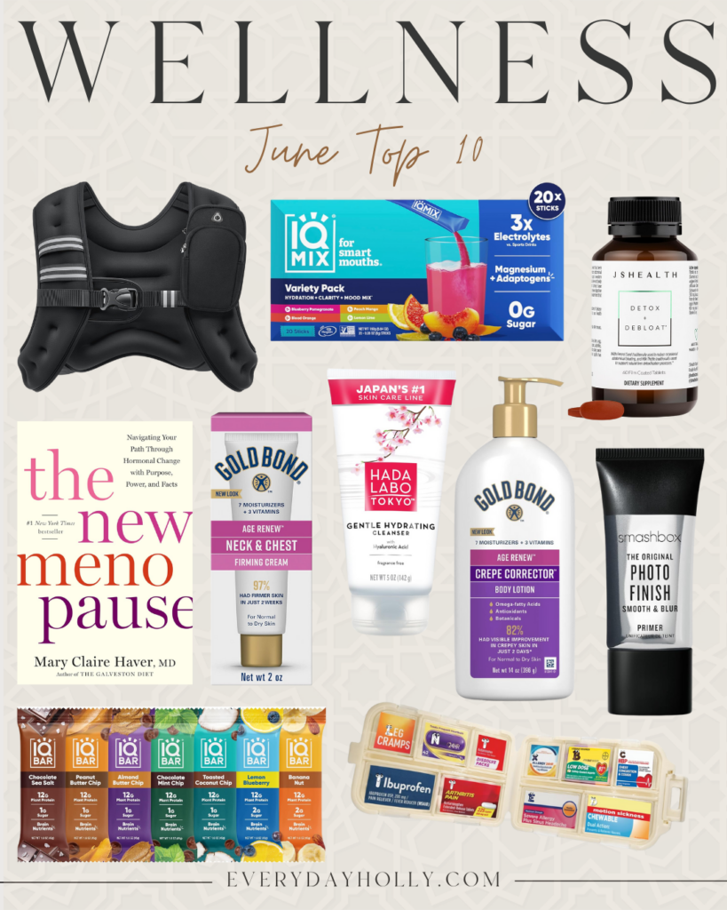 june top 10, top ten, summer fashion, beauty finds, wellness finds, amazon athletic, lululemon, athleta linens, maxi skirt, travel finds, weighted vest, menopause, gold bond lotion, electrolytes, vitamins, protein bars, travel essentials