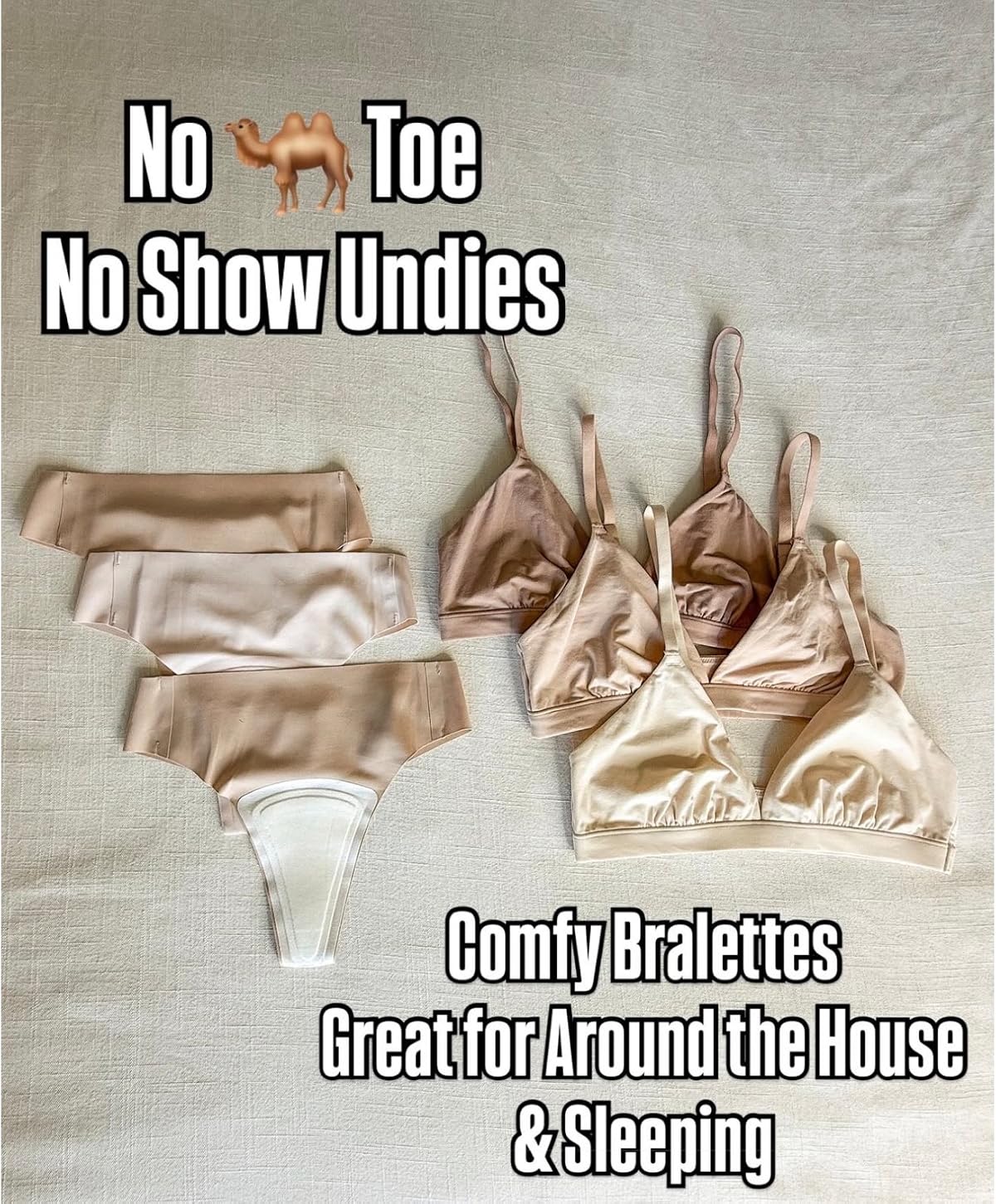 Seamless no show underwear and lightweight triangle bralettes for women, featuring invisible panty lines, comfortable sleep bras, and everyday loungewear essentials.