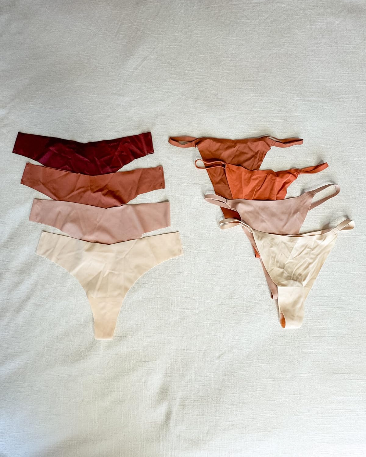 Seamless no show thong underwear in neutral shades displayed alongside side string thong styles, designed to remain invisible under leggings, dresses, and fitted clothing.