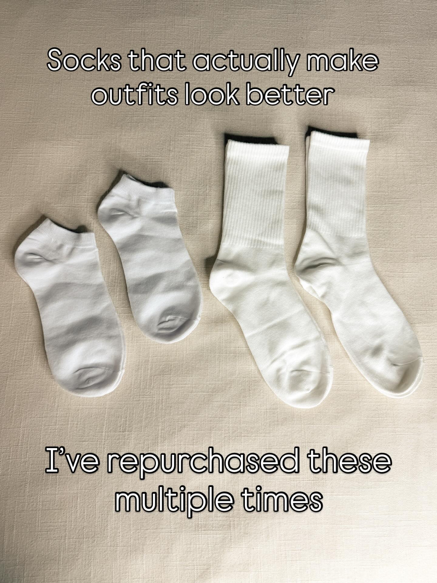 White no show socks and crew socks for women laid flat, comfortable everyday socks for sneakers, athleisure outfits, travel, and casual summer fashion.