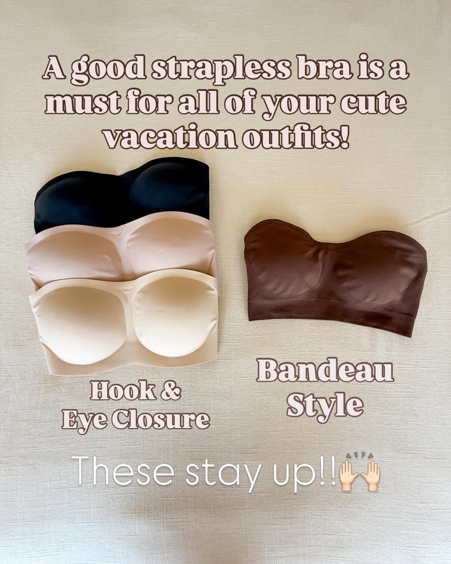 Collection of seamless strapless bras in black, nude, and beige tones alongside a bandeau style bra, ideal for vacation outfits, off the shoulder tops, and strapless dresses.