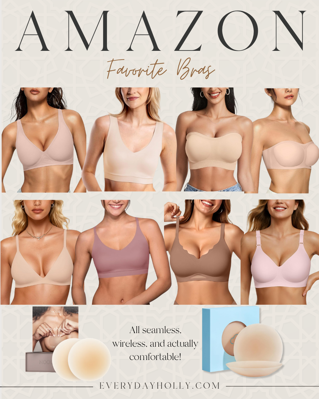 Collage featuring favorite Amazon bras including seamless wireless bras, deep V bras, strapless bras, bandeau bras, and reusable nipple covers for everyday comfort and support.