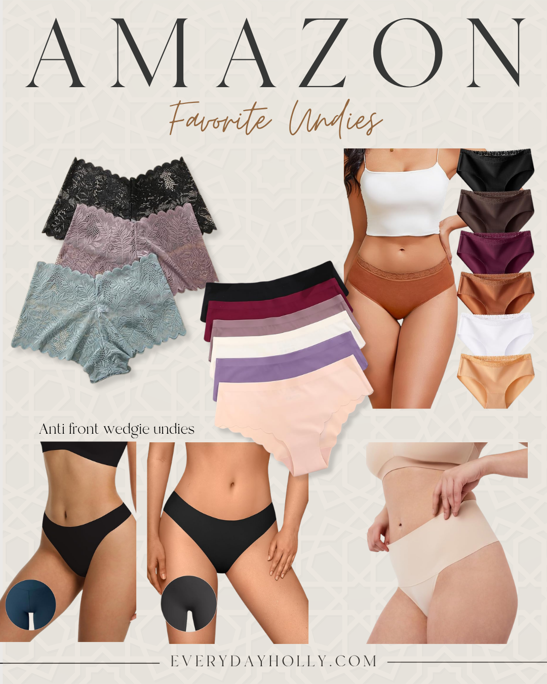 Amazon seamless underwear and lace panties for women featuring no show hipsters, anti front wedgie underwear, seamless briefs, and comfortable everyday underwear in multiple colors.