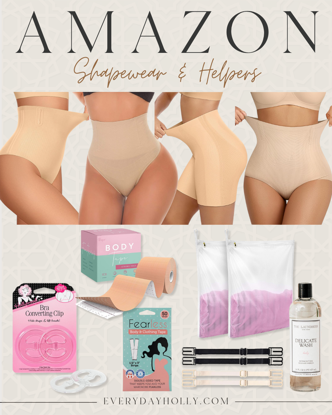 Amazon shapewear essentials including high waisted tummy control shapewear, shaping shorts, body tape, bra clips, bra strap converters, lingerie wash bags, and fashion tape for special occasion outfits.