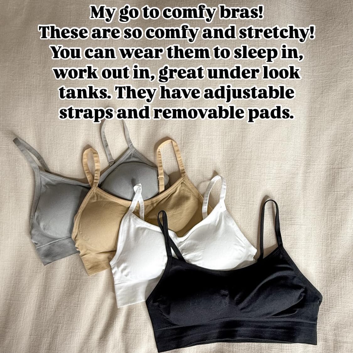 Comfortable wireless lounge bras with adjustable straps and removable pads, ideal for sleeping, light workouts, layering under tank tops, and everyday wear.