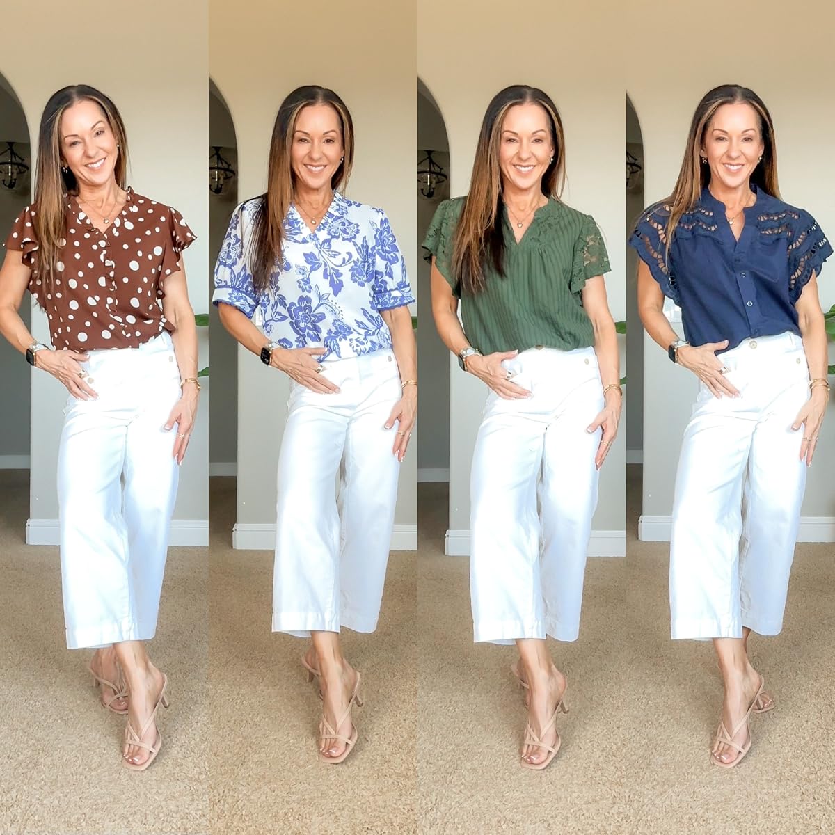 Woman styling four printed and lace-detail work tops with white cropped pants and neutral heels.