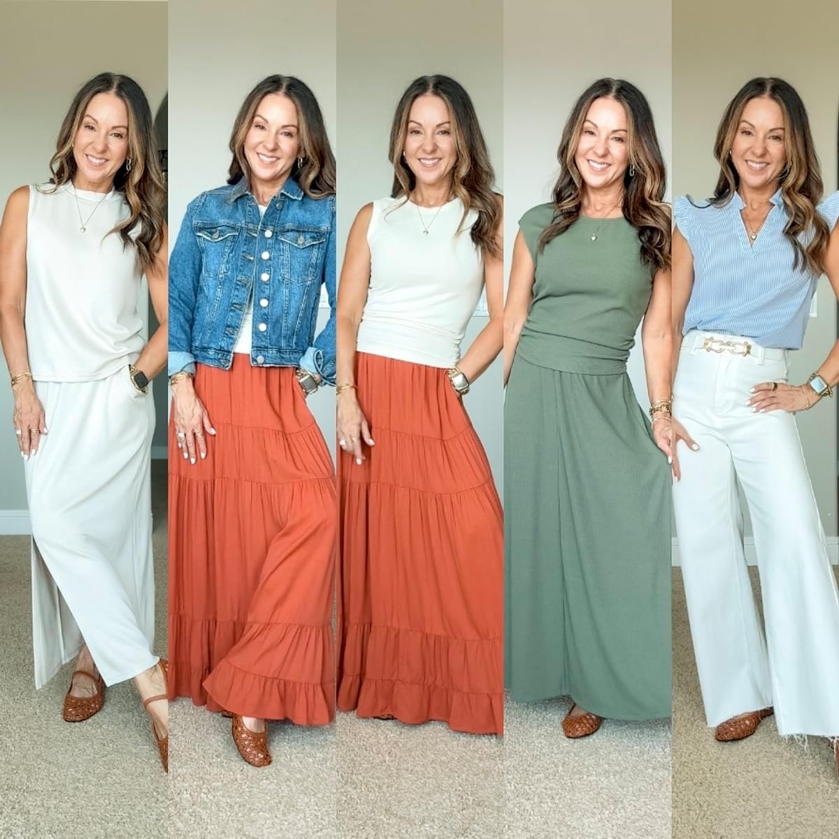 Woman styling five comfortable workwear outfits with maxi skirts, wide leg pants, neutral tops and a denim jacket.