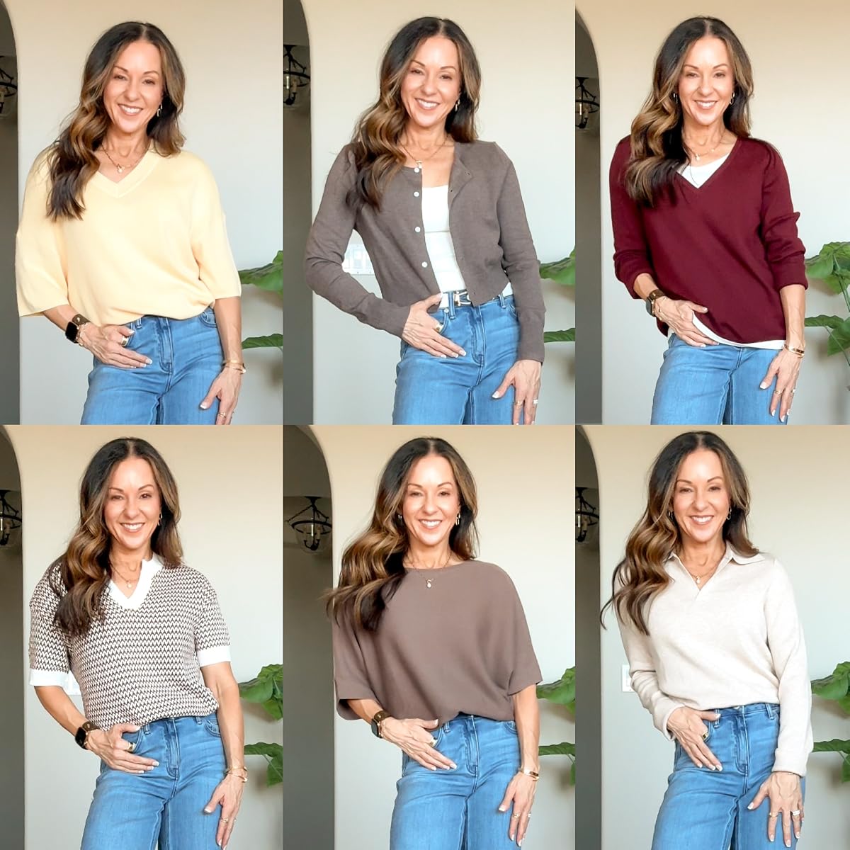 Woman modeling six lightweight fall sweaters with blue jeans in cream, gray, burgundy and brown tones.