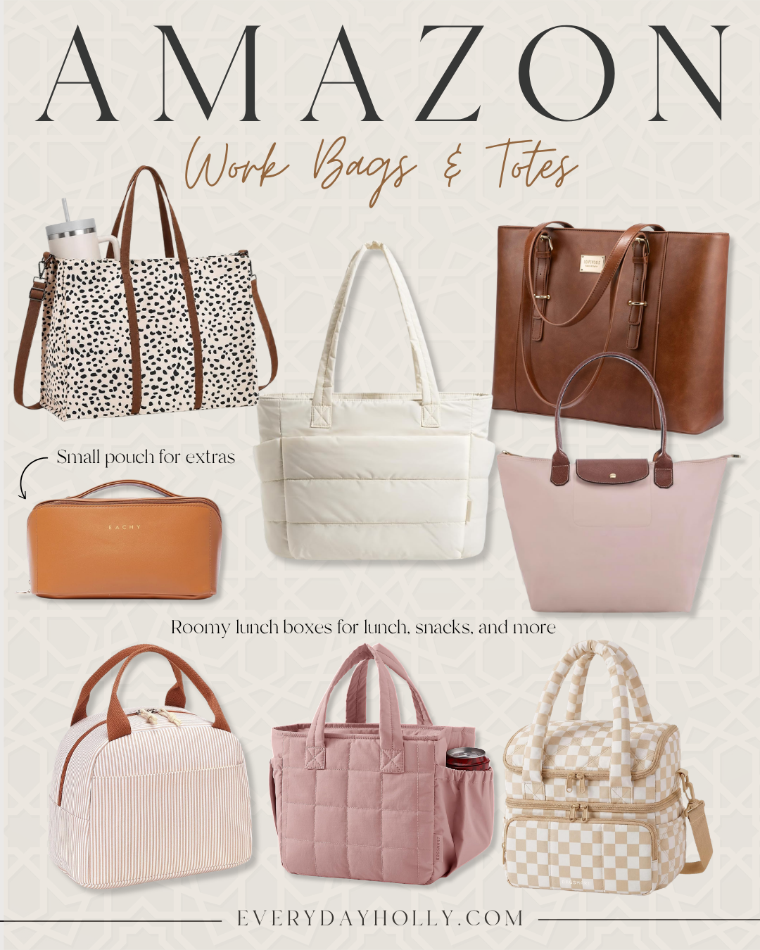 Amazon work bags and totes including animal print, brown leather, cream quilted and blush styles, plus insulated lunch bags.