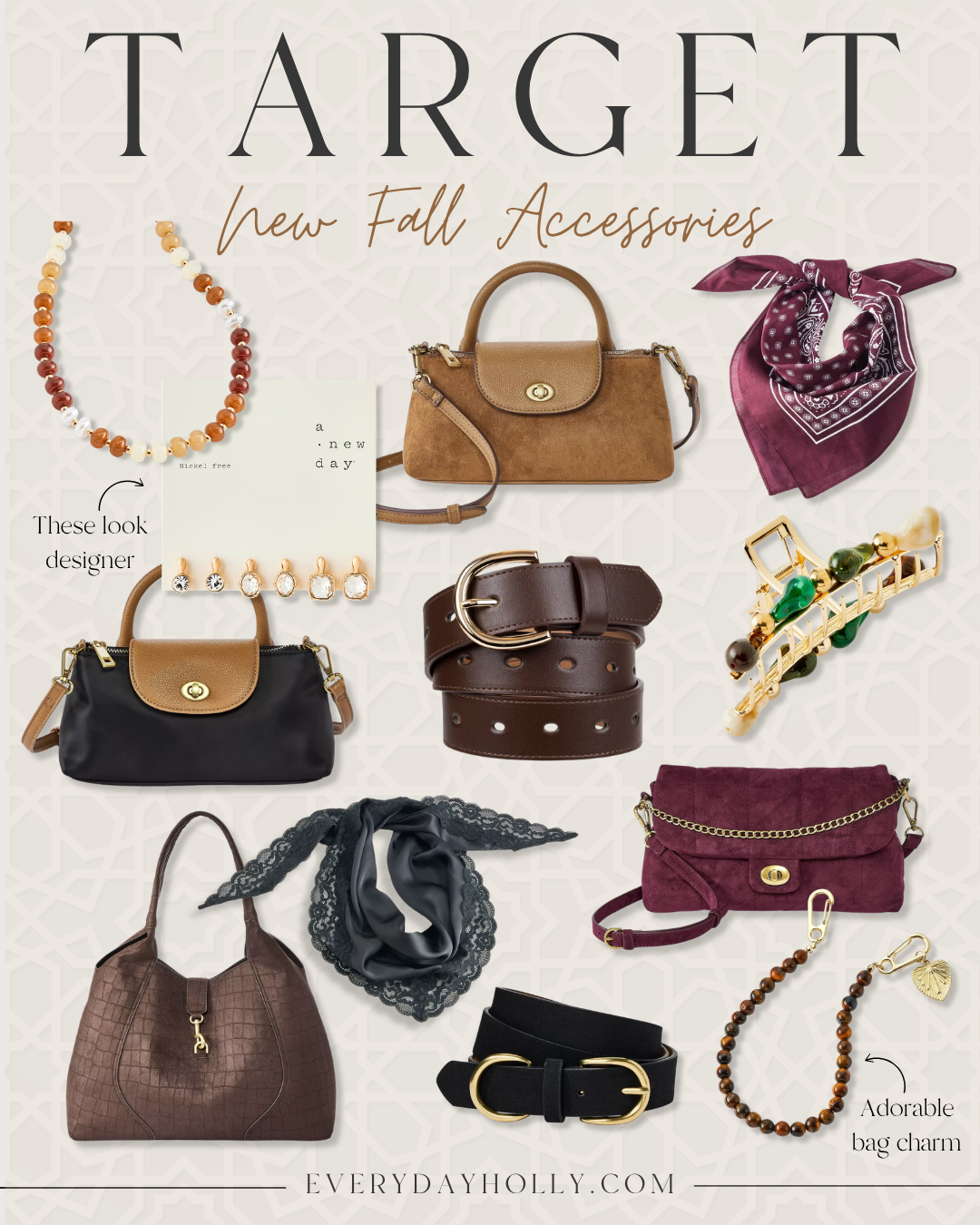 Target fall accessories featuring handbags, jewelry, and seasonal pieces that add a touch of fall style to outfits while the weather is still warm.