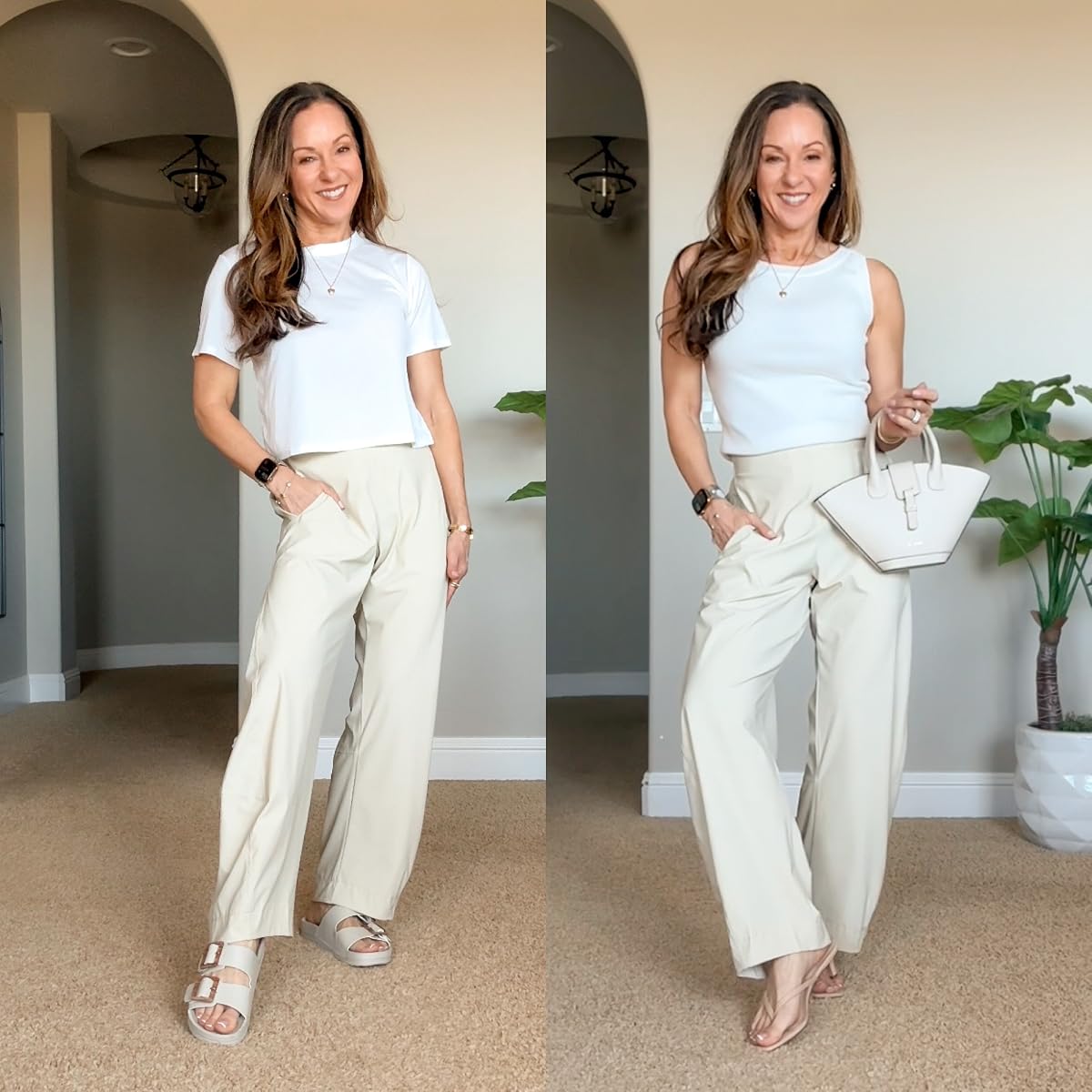 Woman styling ivory wide leg yoga workwear pants with white tops and neutral shoes.