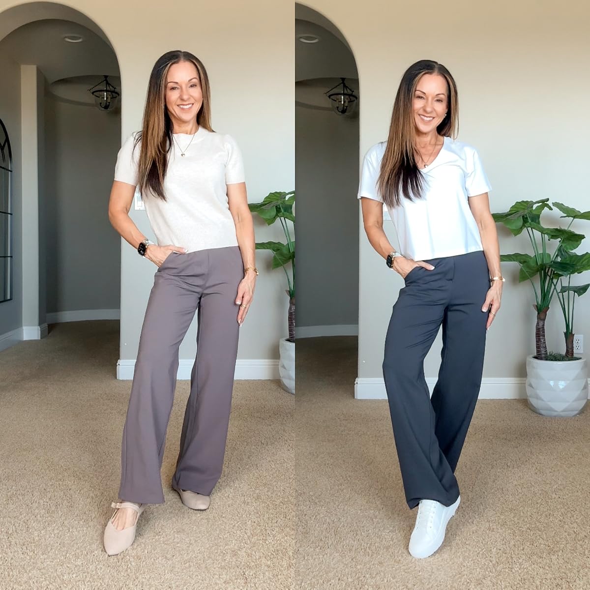 Woman styling gray and navy yoga workwear pants with simple white tops, flats and sneakers.