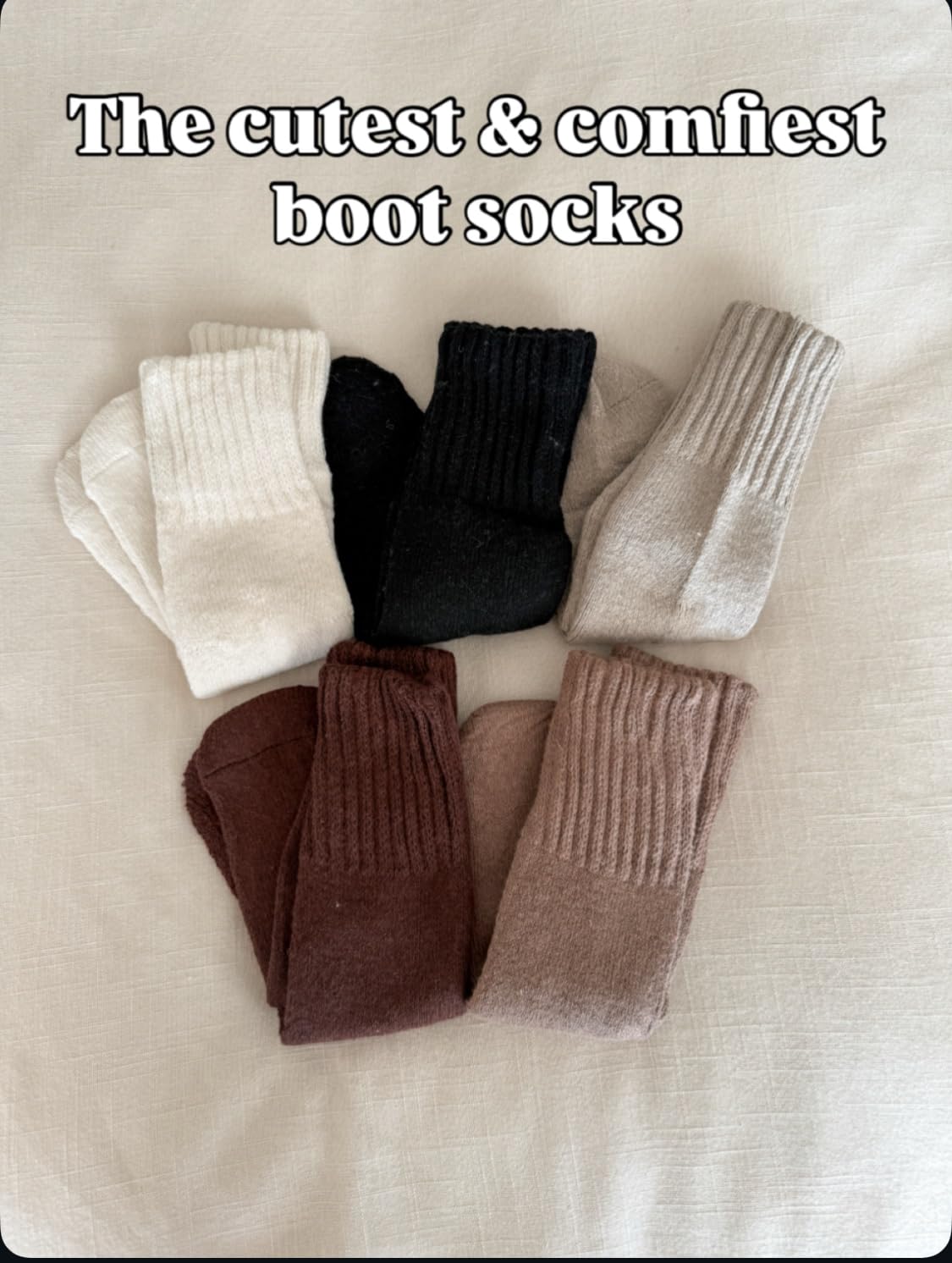 Women's cozy ribbed boot socks in neutral fall colors, including cream, black, gray, brown, and taupe.