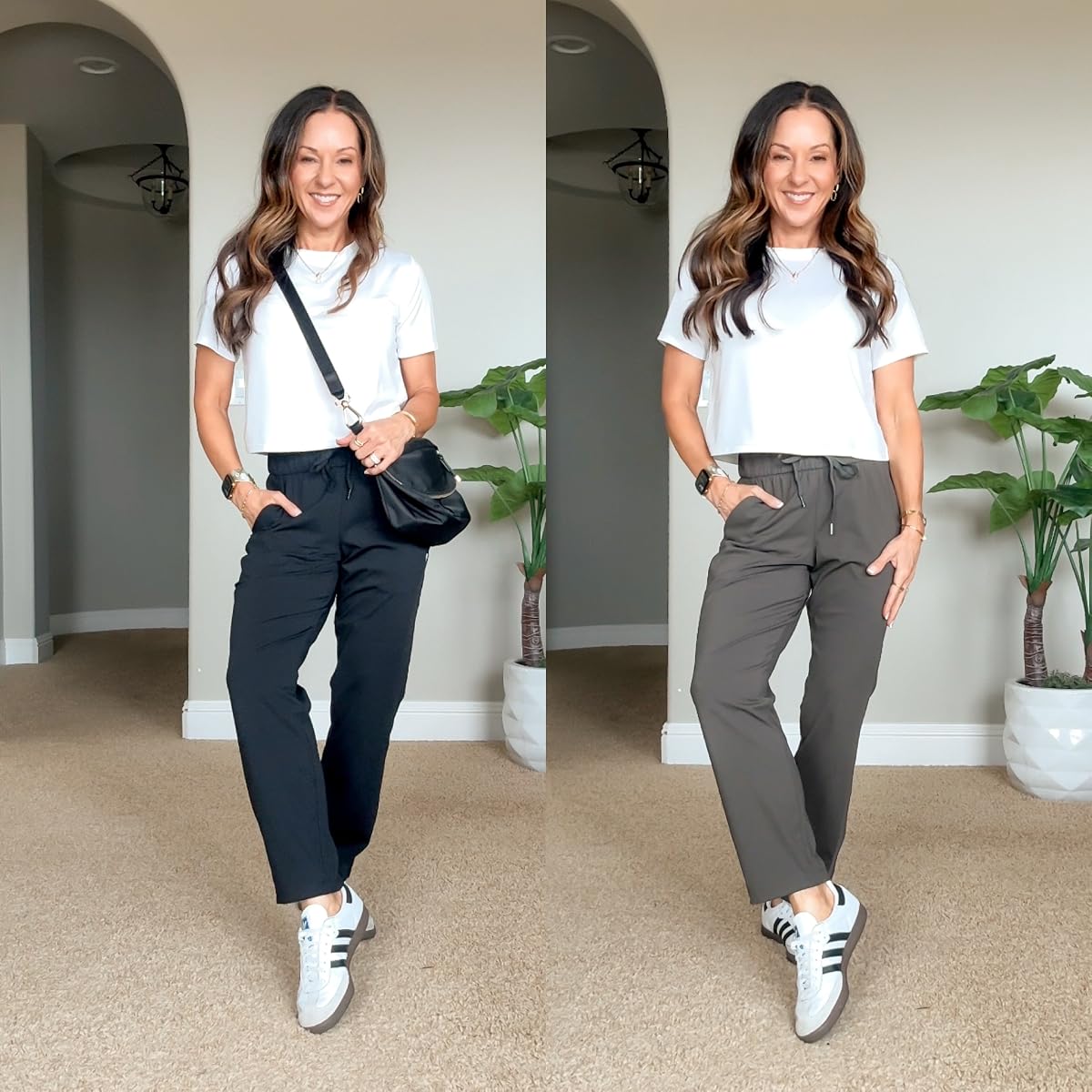 Holly styling comfortable 7/8-length jogger pants in navy and gray with white T-shirts and sneakers, featuring pockets for everyday wear, travel, lounging, and golf.