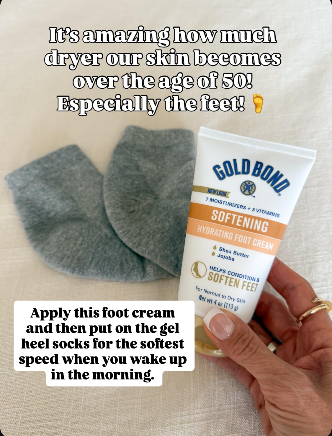 Gold Bond Softening Hydrating Foot Cream displayed with cozy socks for a moisturizing foot care routine.