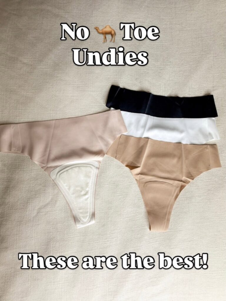 Women's seamless no-show thong underwear in neutral shades of black, white, beige, and blush, designed to stay discreet under leggings and fitted clothing.