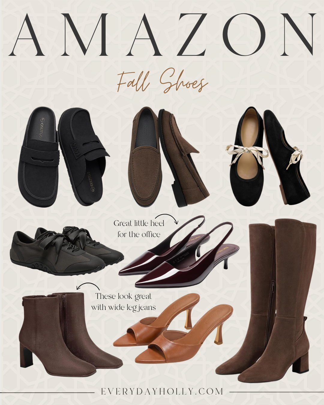 Amazon fall shoes for women, including loafers, ballet flats, sneakers, ankle boots, knee-high boots, and heeled mules in versatile neutral colors.