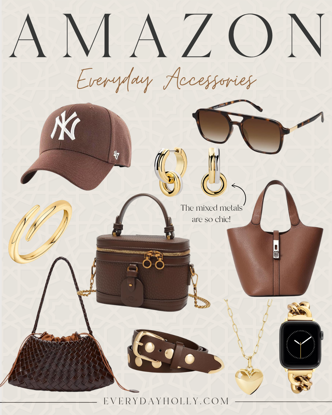 Amazon everyday accessories for women, including brown handbags, a baseball cap, sunglasses, gold jewelry, a leather belt, and a gold-tone watch for fall outfits.