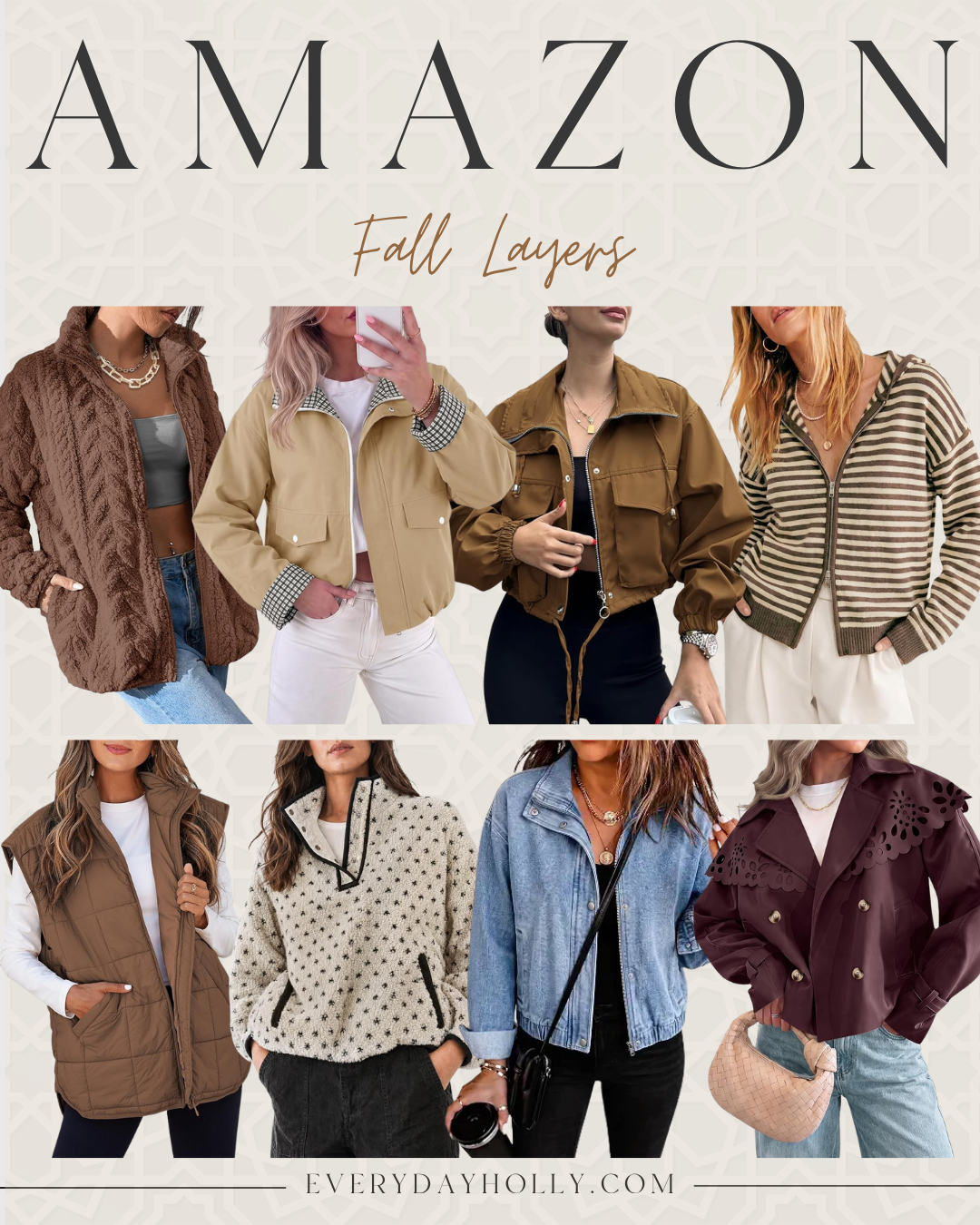Amazon fall fashion finds featuring cozy cardigans, lightweight jackets, quilted vests, zip-up jackets, and casual layers in neutral colors for women.