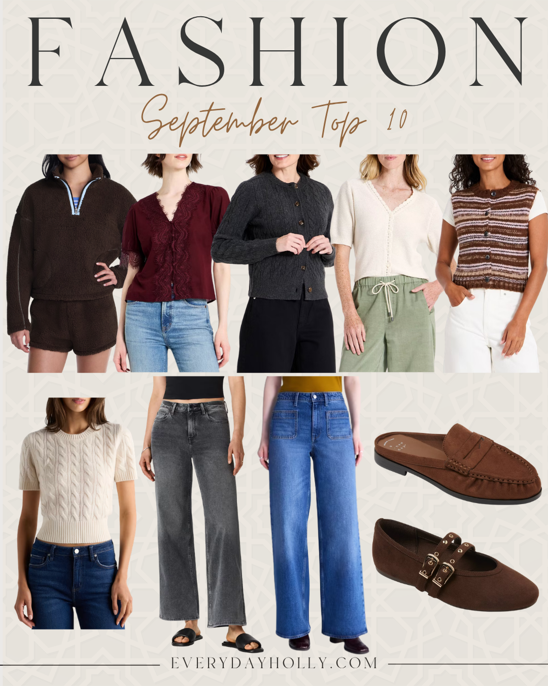 September 2026 favorites featuring fall fashion finds, everyday outfits, beauty products, skincare, makeup, and wellness essentials from Everyday Holly.