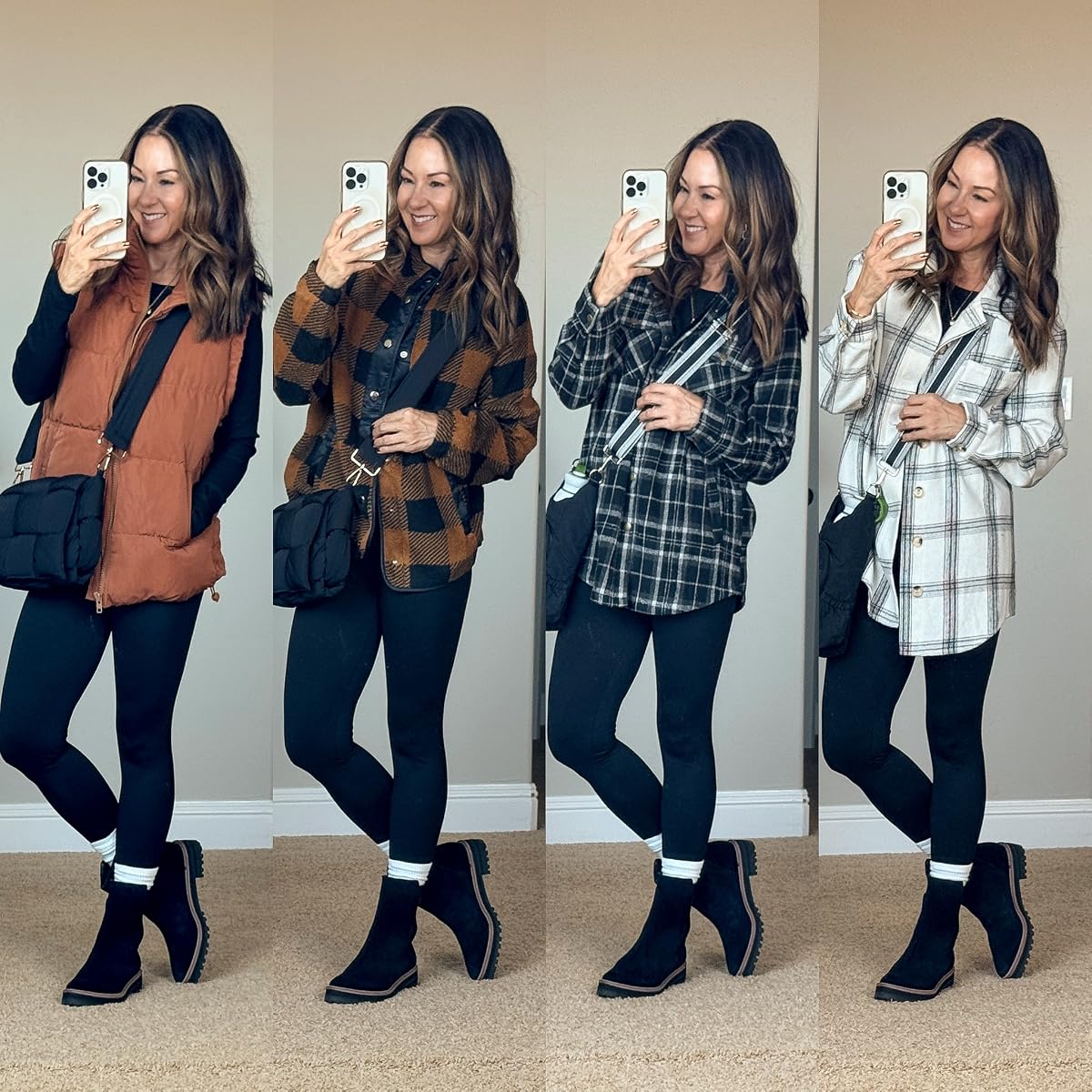 Holly wearing a fall puffer vest and plaid flannel shirts layered over black leggings with ankle boots.